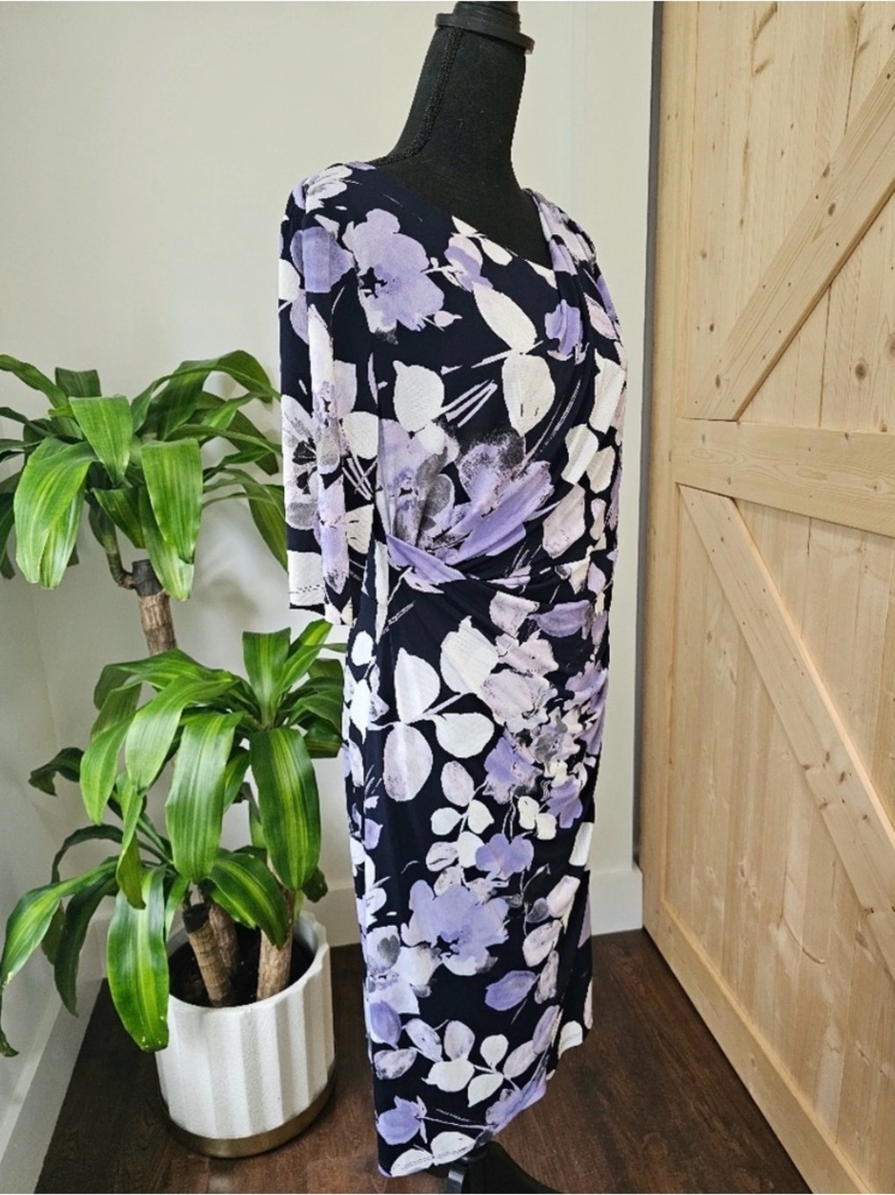 CONNECTED APPAREL Navy with Lavender Abstract Floral Design with Side Gather - Picture 6 of 8